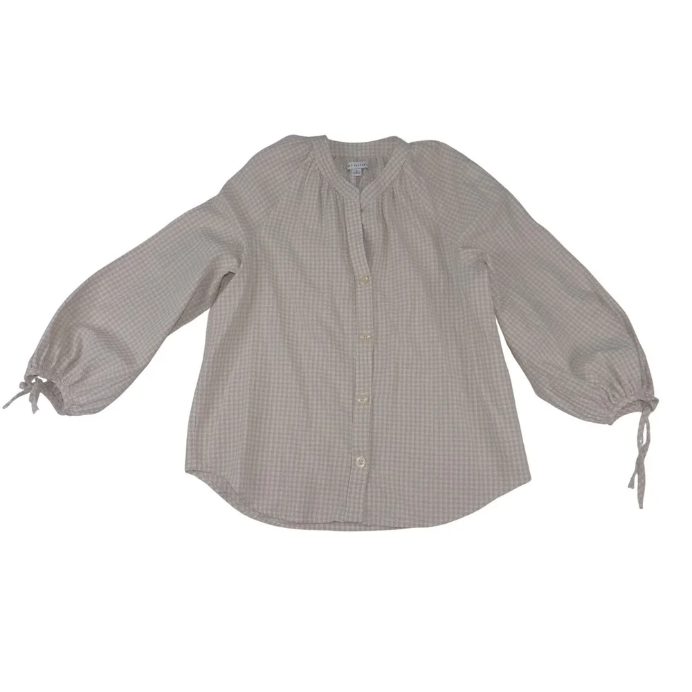 Free Assembly Womens Beige Gingham Seersucker Blouse Tie Cuff Button Front S